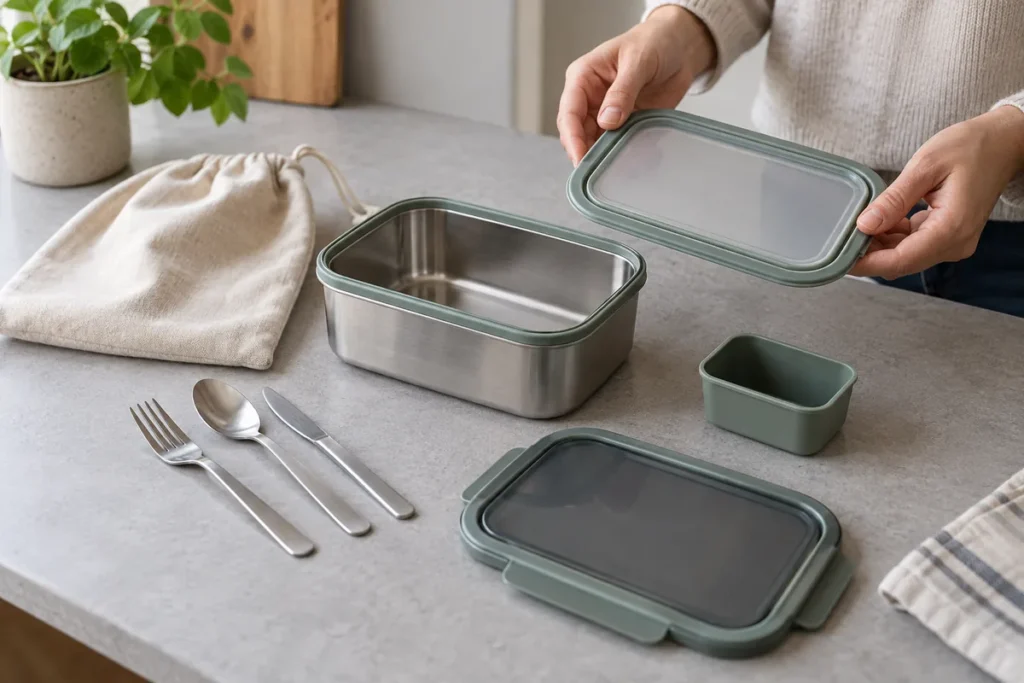 Buyer comparing a spare lid with a reusable meal container, cutlery and carry pouch