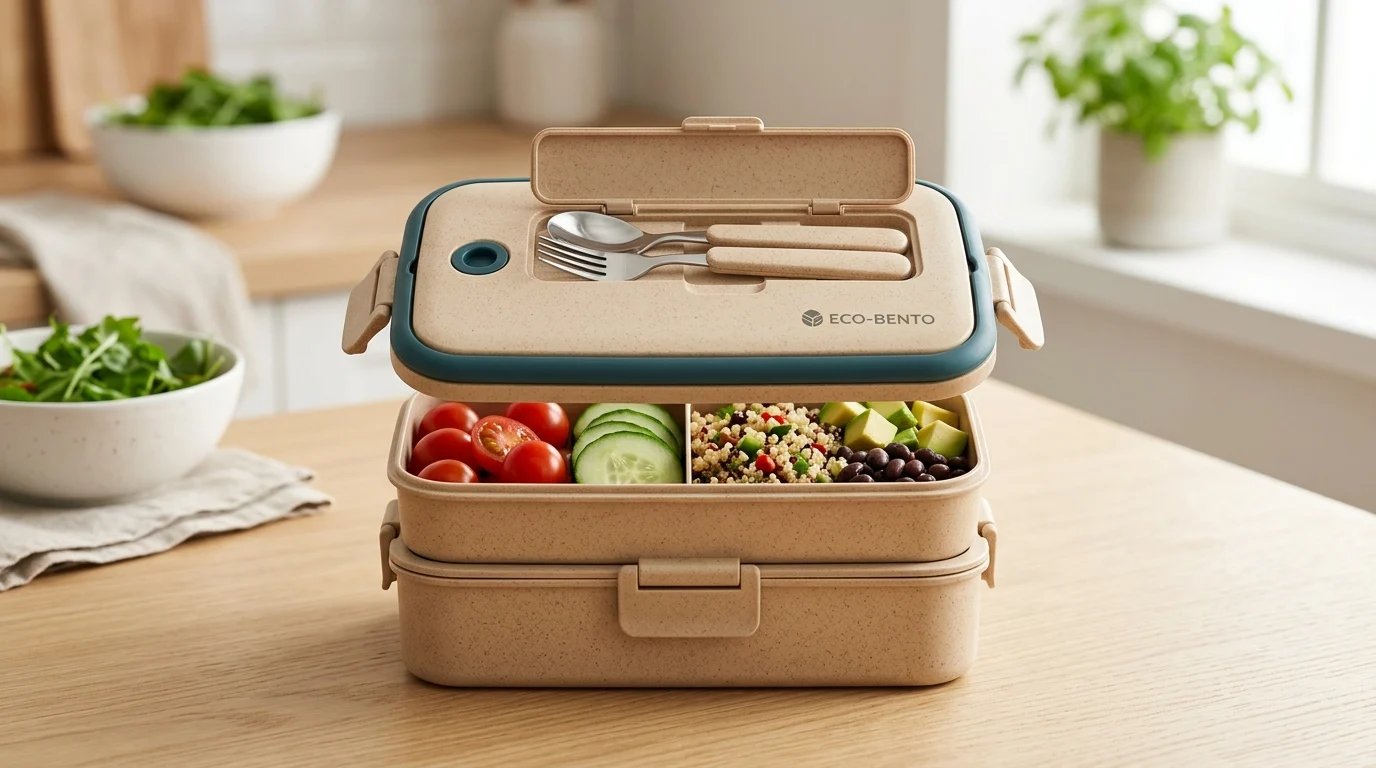 Eco-friendly wheat straw bento lunch box with leak-proof compartments and embedded utensil slot