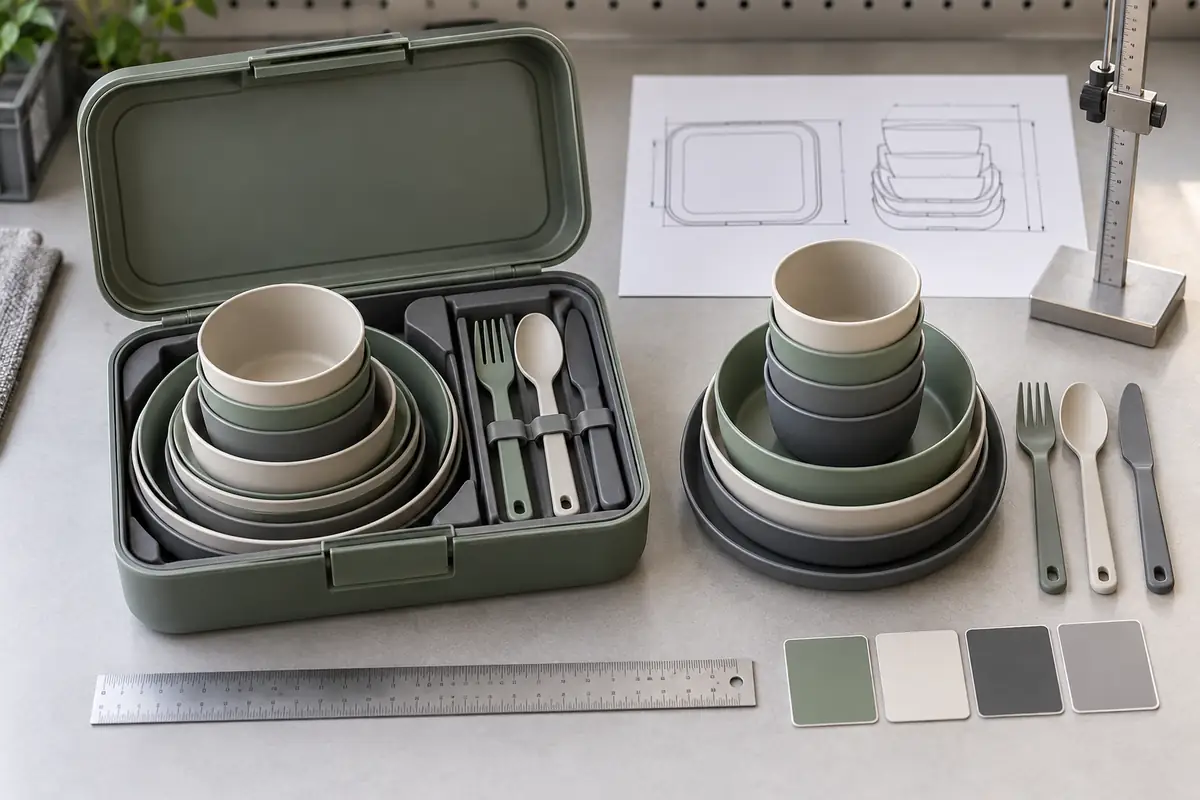 Nested bowls, plates, cups and cutlery checked inside a fitted portable case with separators and height gauge