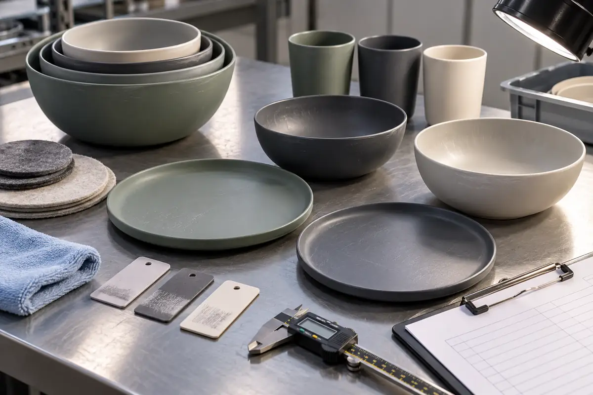 Nested portable tableware separated for surface and rim inspection under controlled side lighting