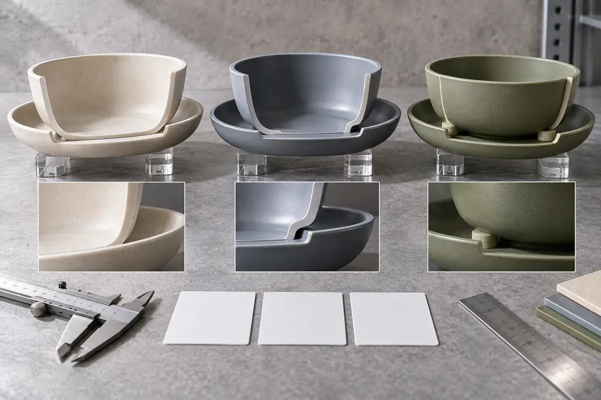 Three portable bowl and plate nesting geometries comparing broad wall, rim ledge and spacer contact