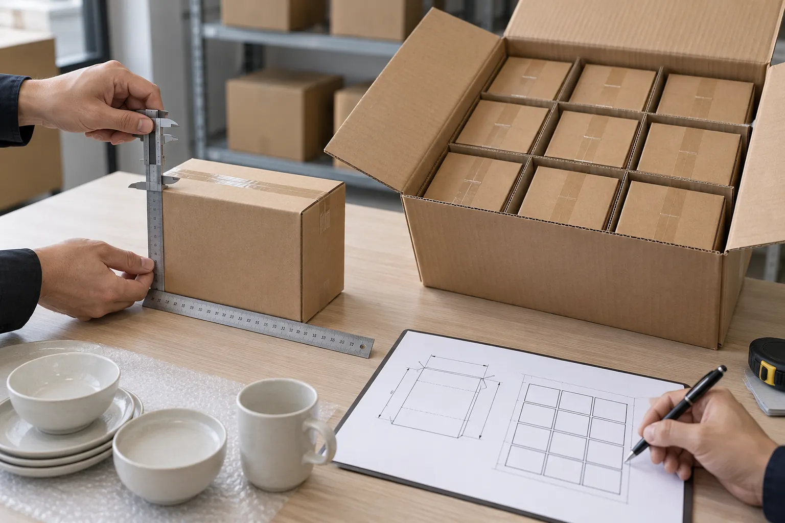 Buyer measuring a sealed tableware retail carton beside an open master carton with divided case layout