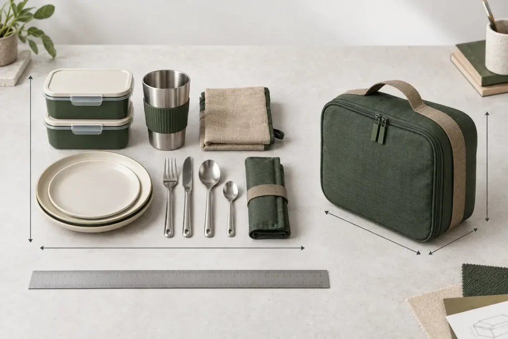 Portable dining set components beside a compact green carry case with visual dimension lines