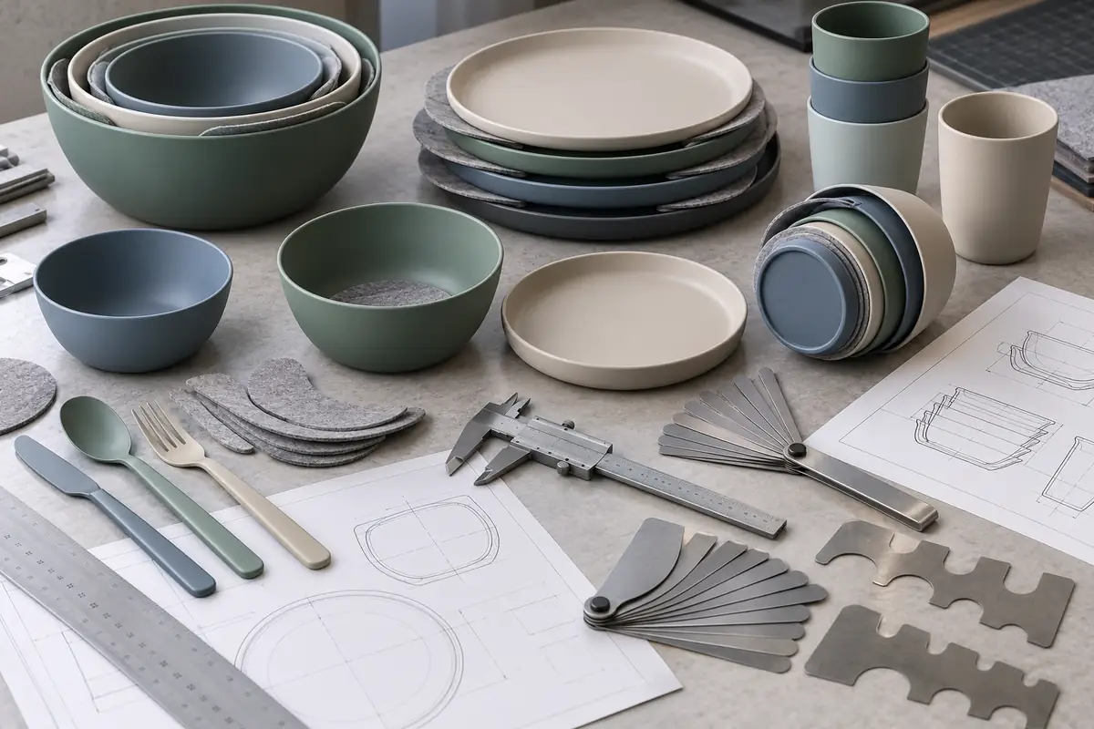 Portable bowls, plates, cups and cutlery reviewed with separators, calipers, gauges and nesting drawings