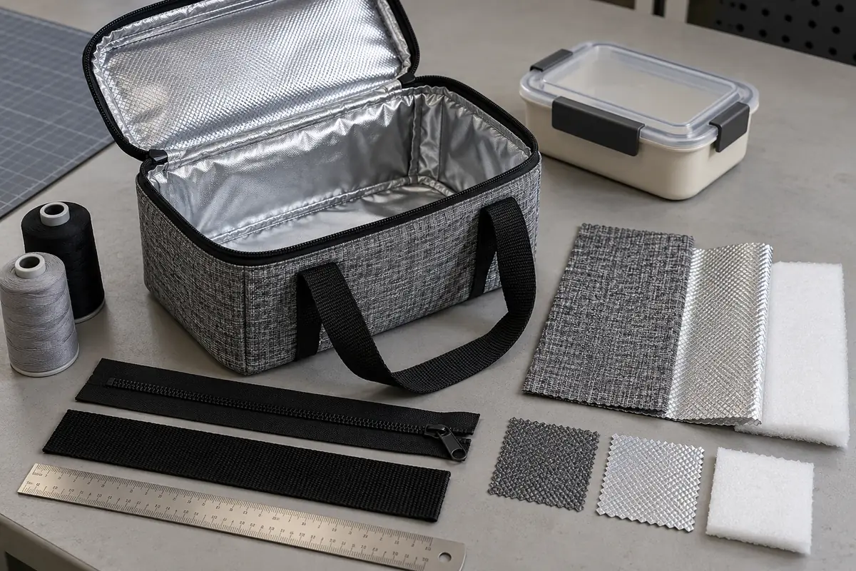 Insulated tableware carry bag with separate outer fabric, zipper, webbing, thread, foam and lining samples
