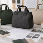 RPET tableware carry bags reviewed with fabric swatches, pellet sample, drawings and calipers