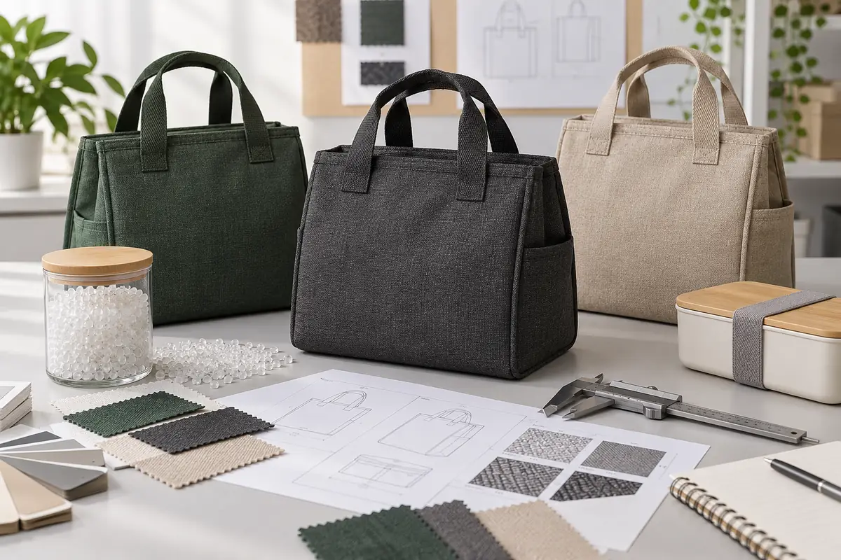 RPET tableware carry bags reviewed with fabric swatches, pellet sample, drawings and calipers