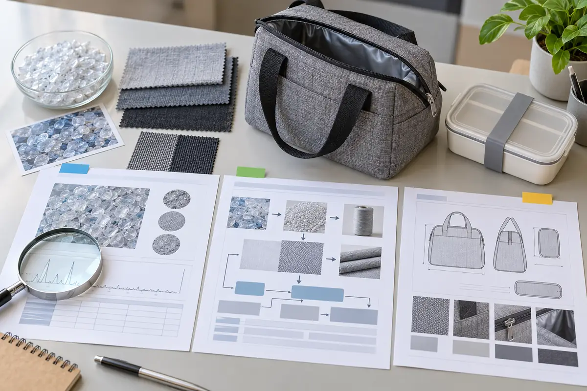 RPET lunch bag, fabric swatches and documents arranged to review material identity, traceability and finished specification