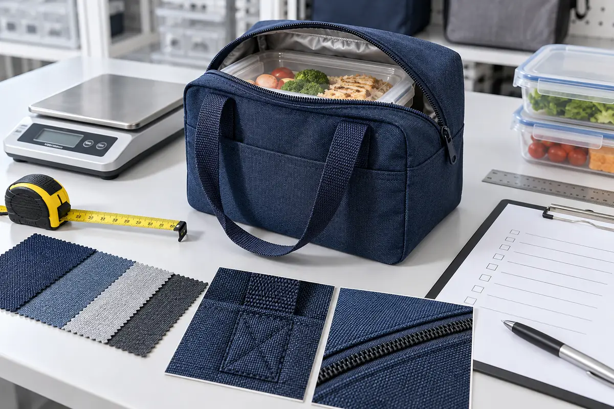 Finished RPET tableware carry bag inspected with meal box, scale, tape measure, seam samples and checklist