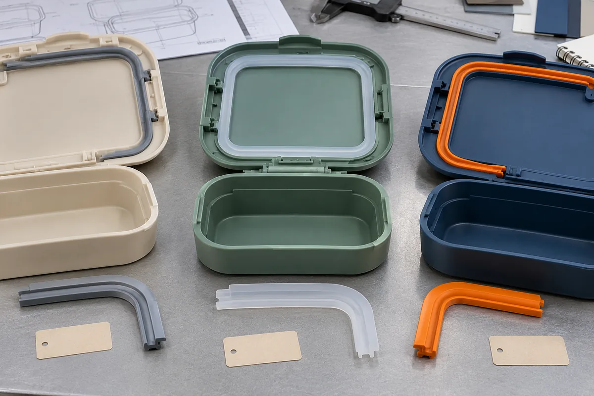Three portable meal-container lids comparing removable silicone gasket profiles and matching rim interfaces