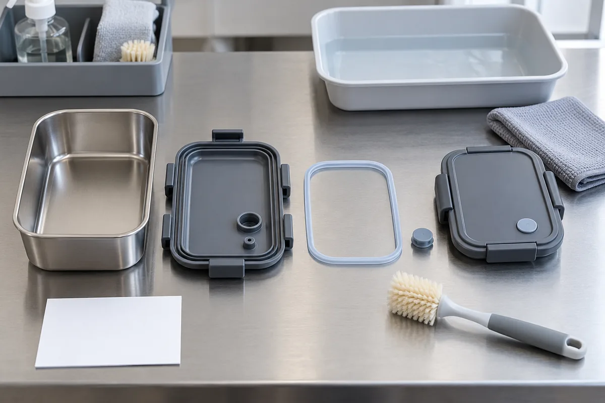 Portable meal-container lid with removable silicone gasket and vent components arranged for cleaning review