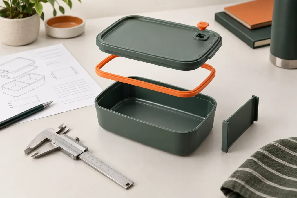Exploded portable meal container with rigid lid, removable silicone perimeter gasket, vent plug and divider