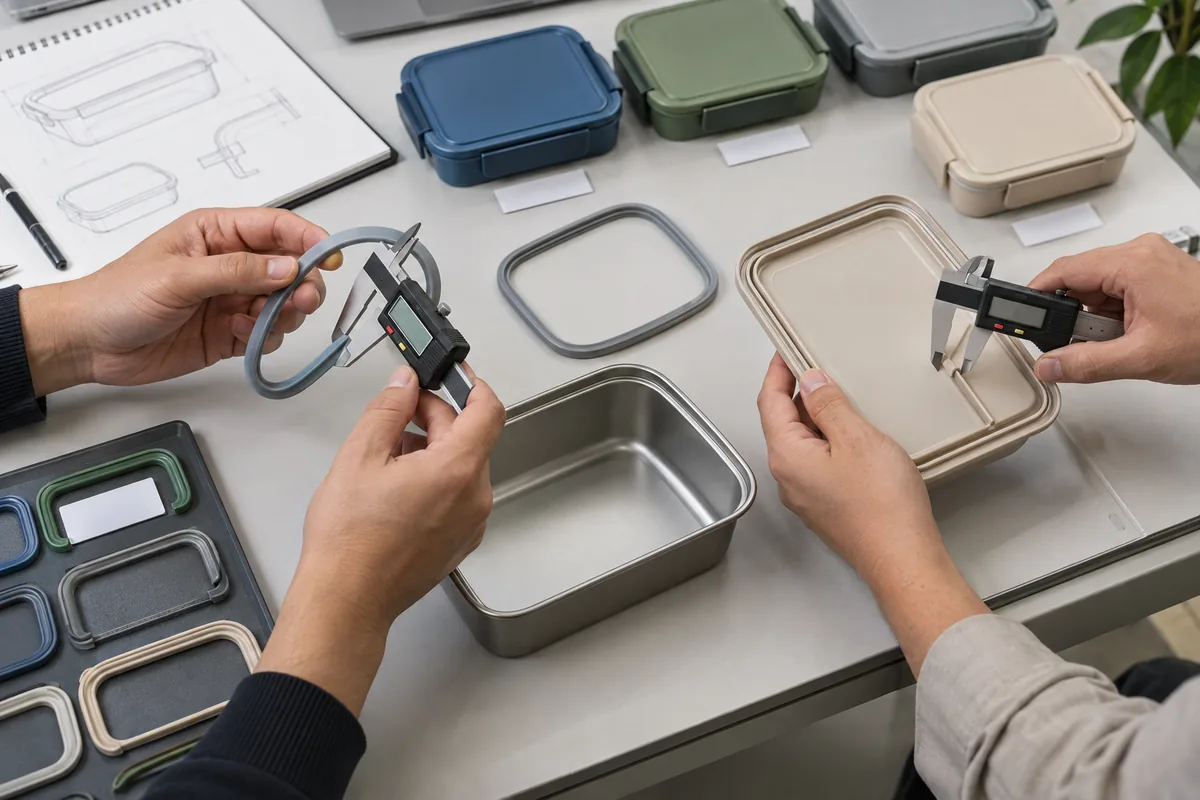 Buyer and product engineer measuring a silicone gasket and matching lunch-box lid groove with calipers