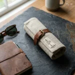 Natural organic linen canvas pouch rolled up with vintage brown leather buckle strap