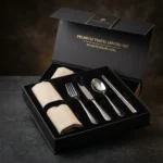 Luxury matte black rigid corporate gift box with gold foil branding and velvet tray