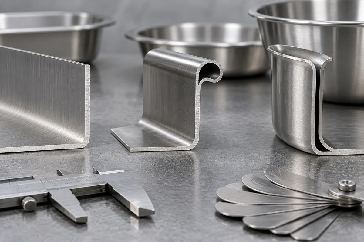Compare stainless steel thickness and edge construction as finished geometry Stainless steel tableware cross sections comparing flat wall, rolled rim and double-wall construction