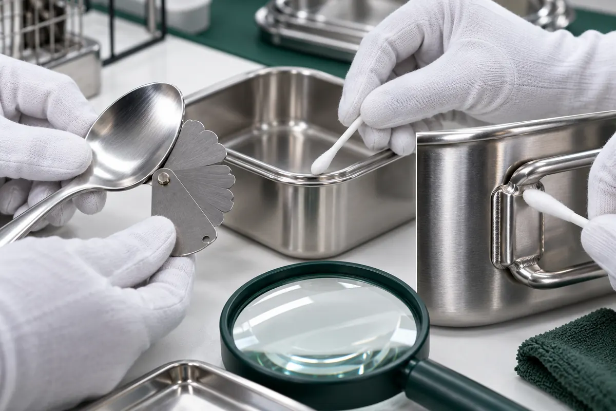 Inspect stainless steel edges, seams and attachment transitions before approval Inspector checking stainless steel spoon edge, lunch-box rim and welded handle attachment