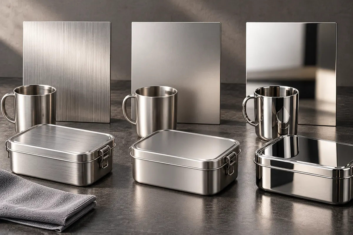 Approve stainless steel finish direction and appearance with physical samples Brushed, satin and mirror stainless steel tableware finishes compared under controlled light