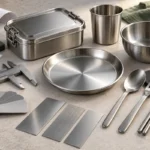 Stainless steel lunch box, plate, bowl, cup and cutlery with calipers and finish samples