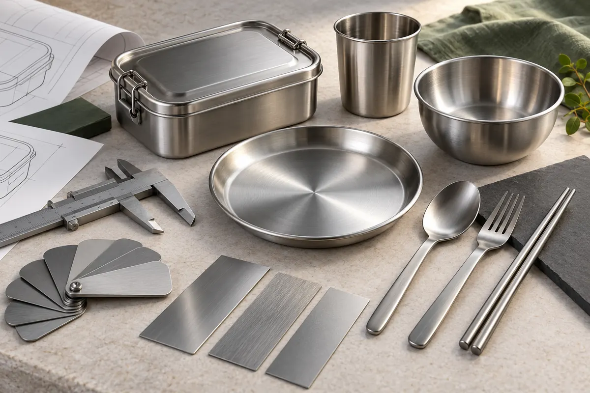 Review stainless steel tableware thickness, edges and finish together Stainless steel lunch box, plate, bowl, cup and cutlery with calipers and finish samples