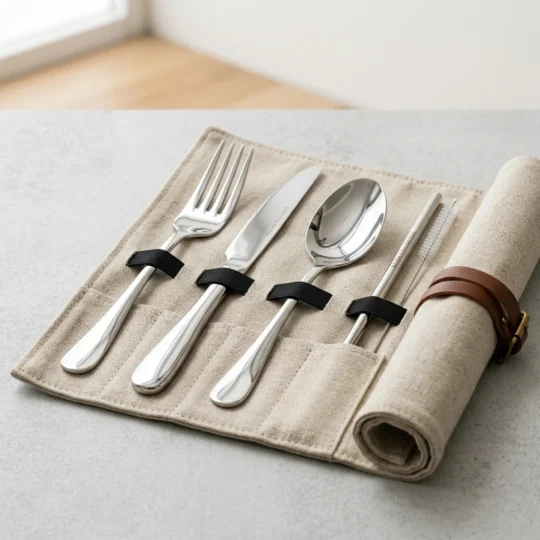 SUS304 heavy-duty food-grade stainless steel travel dining cutlery set with roll-up linen pouch