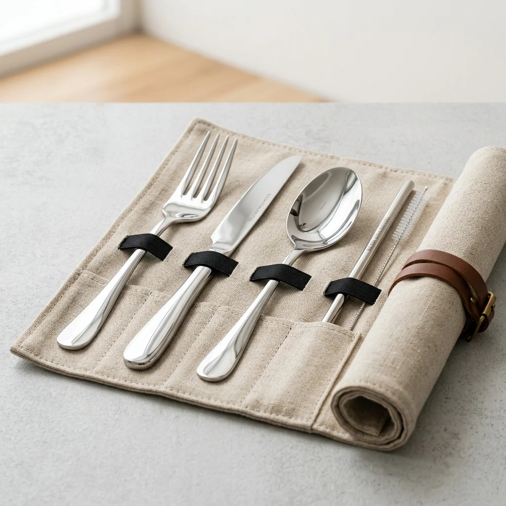 Heavy duty SUS304 food grade stainless steel travel dining set with linen pouch