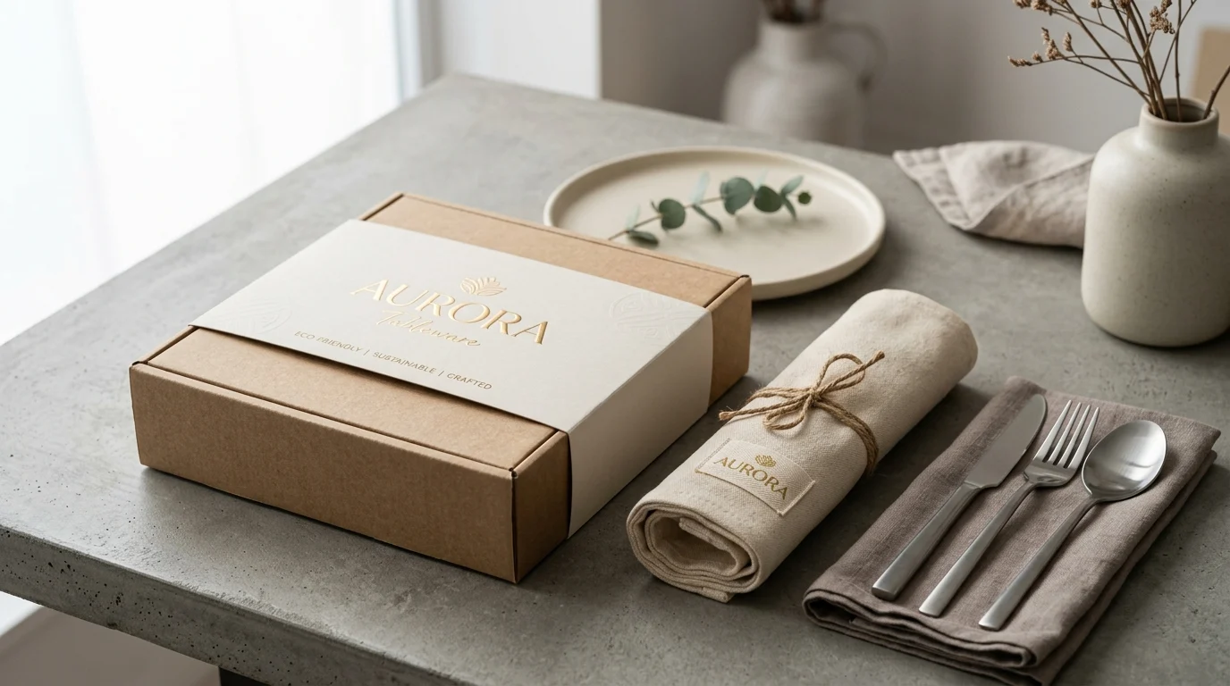 OEM sustainable kraft paper gift packaging box with gold foil brand logo and linen pouch
