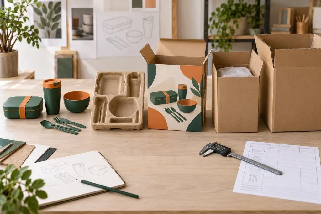 Multi-component tableware set shown with molded insert, retail carton, inner carton and master carton