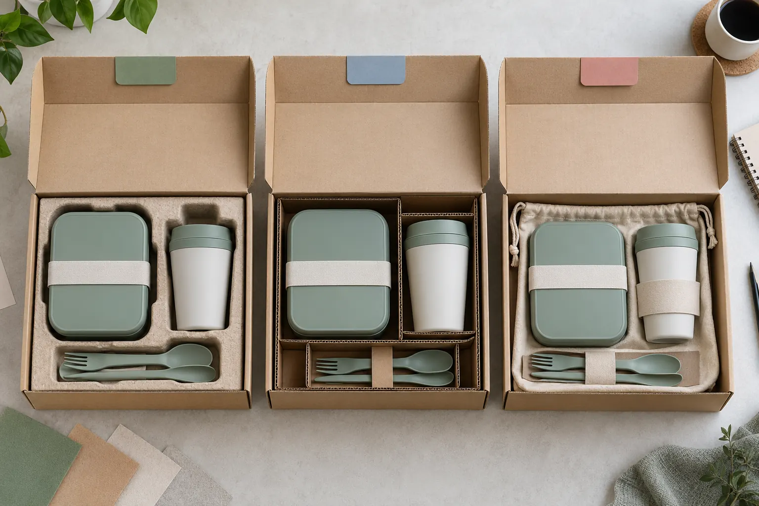 Three tableware retail cartons comparing molded pulp, corrugated divider and fabric pouch insert strategies