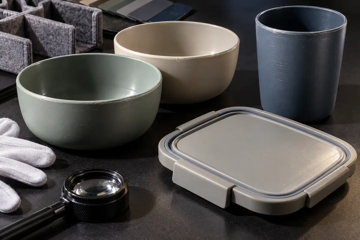 Inspect scuff evidence at the actual contact interfaces Portable tableware surfaces inspected under side lighting for rub marks at controlled contact zones
