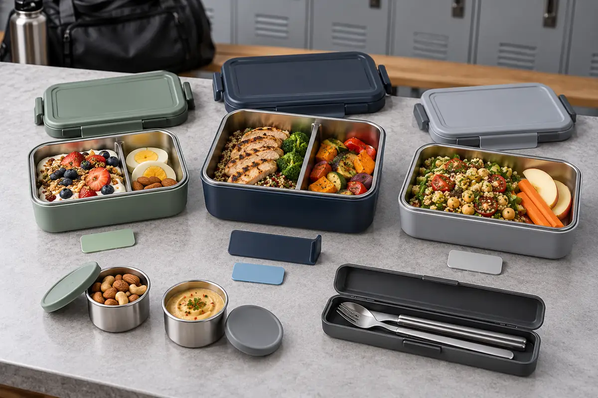 Breakfast, main meal and later meal bento configurations compared with dividers, portion cups and shared cutlery