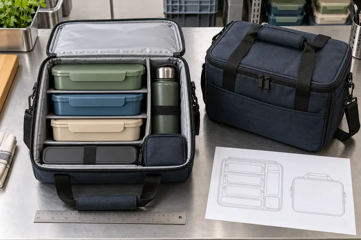 Three closed meal boxes stacked with separators beside a bottle and cutlery case inside an insulated carry bag