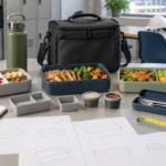 Three meal bento system with different container sizes, cutlery, bottle and insulated carry bag on a buyer review table