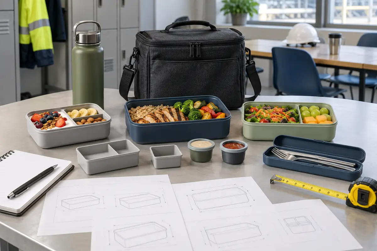 Three meal bento system with different container sizes, cutlery, bottle and insulated carry bag on a buyer review table