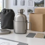 Titanium canteen cup set with blank retail packaging and pouch material swatches