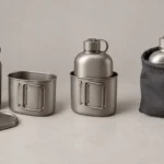 Three-stage packing sequence showing titanium canteen nesting inside cup and pouch