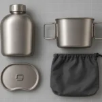 Top view of titanium canteen, nesting cup, cup lid and carry pouch components