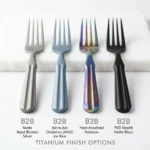 Pure titanium cutlery custom finishes swatch including matte silver blue rainbow and matte black