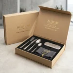 FSC certified sustainable kraft rigid gift packaging box with gold foil branding for titanium cutlery