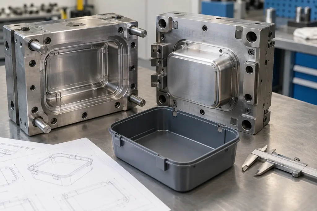 Engineer comparing a precision tableware mold with a divided reusable lunch container and product drawing