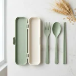 Flat lay of wheat straw fork spoon chopsticks and open storage case with hinge