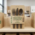 Retail pegboard ready kraft sleeve wrap packaging with barcode for wheat straw cutlery set
