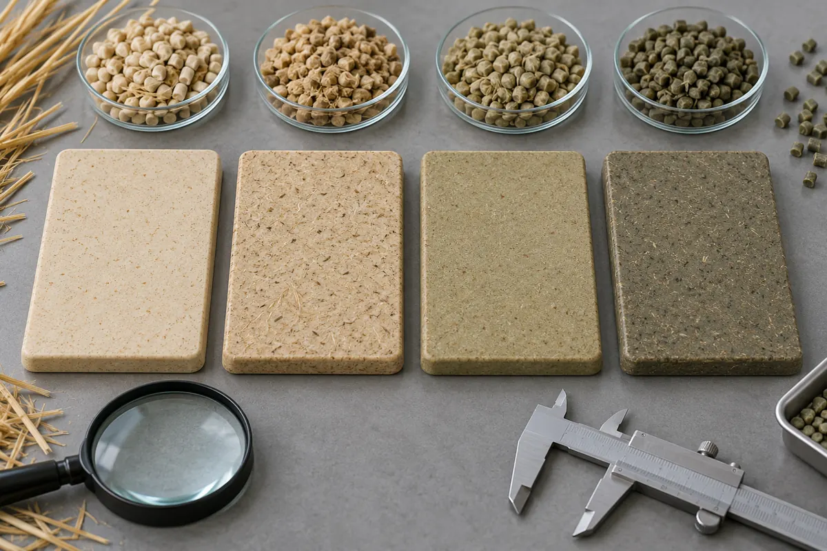 Compare controlled wheat-straw composite samples before selecting a formulation Four wheat-straw composite plaques comparing fiber visibility, surface uniformity, edge detail and color