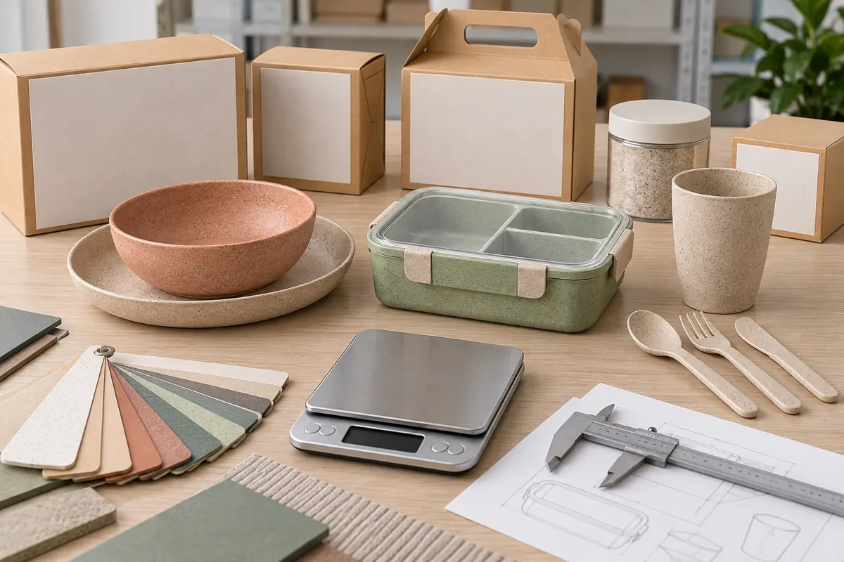 Approve wheat-straw composite products with color, dimensions and packaging considered together Wheat-straw composite lunch box, plate, bowl, cup and cutlery arranged for finished-sample approval