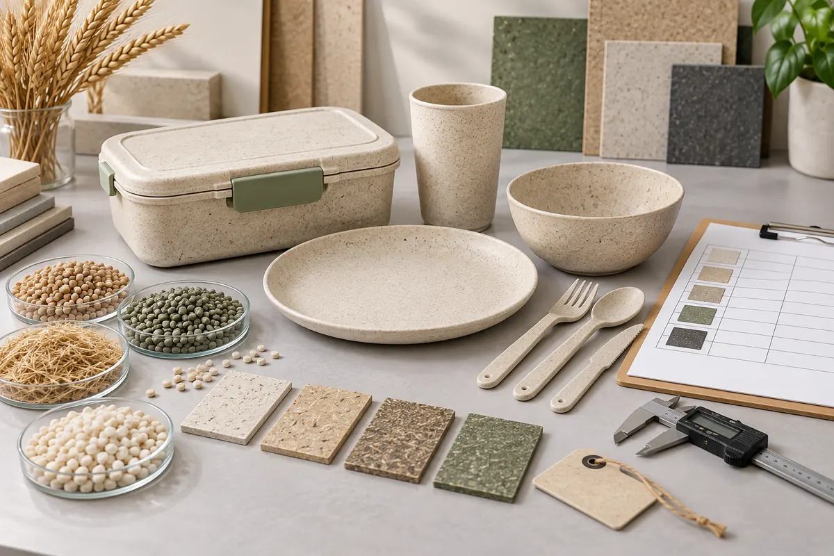 Review wheat-straw composite formulation and finished tableware together Wheat-straw composite tableware, molded sample plaques, pellets and buyer review tools