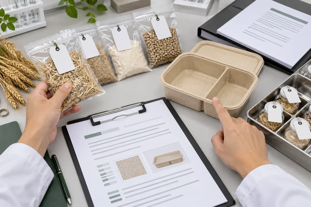 Connect each wheat-straw composite material code to the finished tableware SKU Buyer reviewing coded raw-material samples, a wheat-straw composite lunch box and supporting document folder